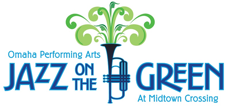 logo that says "jazz on the green" with instrument and trees