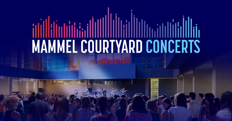 Crowd at a concert with the text: "Mammel Courtyard Concerts"