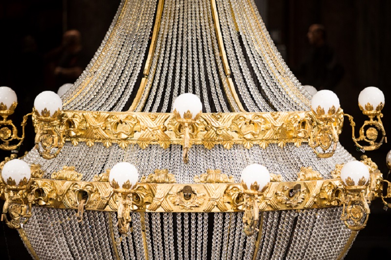 A close up of the glittering chandelier made for PHANTOM, featuring 6,000 crystal beads.
